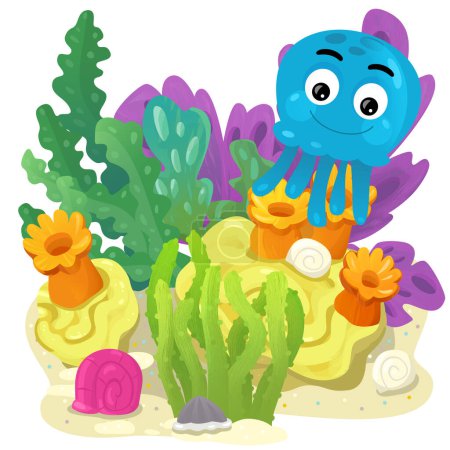 Téléchargez les photos : Scène de dessin animé avec récif corallien avec pieuvre natation ou poisson gelé élément isolé illustration pour les enfants - en image libre de droit