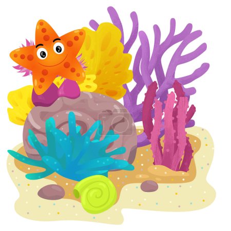 Téléchargez les photos : Scène de dessin animé avec récif corallien avec étoile de baignade poisson élément isolé illustration pour les enfants - en image libre de droit