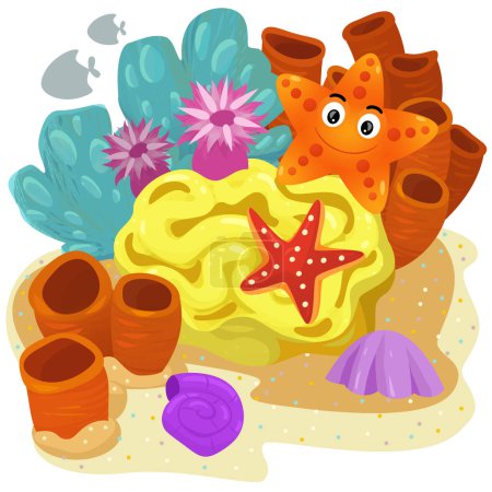 Téléchargez les photos : Scène de dessin animé avec récif corallien avec étoile de baignade poisson élément isolé illustration pour les enfants - en image libre de droit