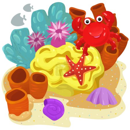 Téléchargez les photos : Scène de dessin animé avec récif corallien avec nage poisson crabe élément isolé illustration pour les enfants - en image libre de droit