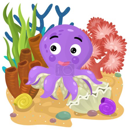 Téléchargez les photos : Scène de dessin animé avec récif corallien avec natation poisson élément isolé illustration pour les enfants - en image libre de droit