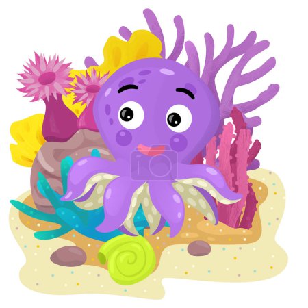 Téléchargez les photos : Scène de dessin animé avec récif corallien avec natation poisson élément isolé illustration pour les enfants - en image libre de droit