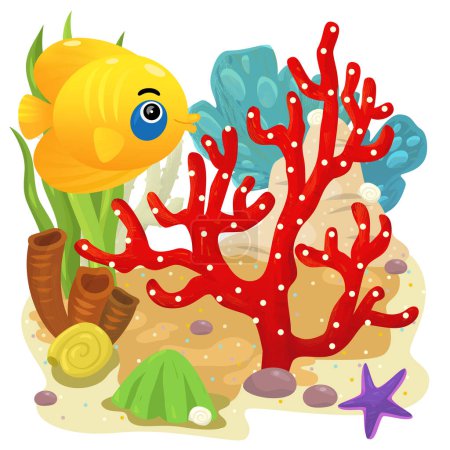 Cartoon scene with coral reef with swimming cheerful fish isolated element illustration for kids