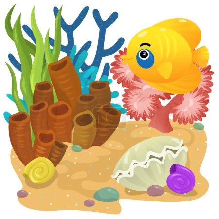 Foto de Escena de dibujos animados con arrecife de coral con peces nadando alegre elemento aislado ilustración para niños - Imagen libre de derechos
