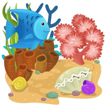 Foto de Escena de dibujos animados con arrecife de coral con peces nadando alegre elemento aislado ilustración para niños - Imagen libre de derechos