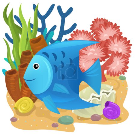 Téléchargez les photos : Scène de dessin animé avec récif corallien avec natation poisson gai élément isolé illustration pour les enfants - en image libre de droit