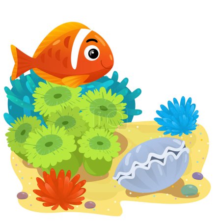 Téléchargez les photos : Scène de dessin animé avec récif corallien avec natation poisson gai élément isolé illustration pour les enfants - en image libre de droit