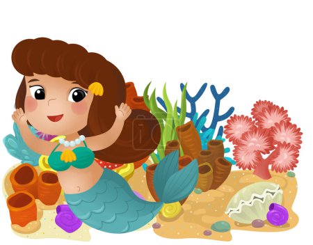 Foto de Escena de dibujos animados con arrecife de coral con natación sirena feliz chica elemento aislado ilustración para niños - Imagen libre de derechos