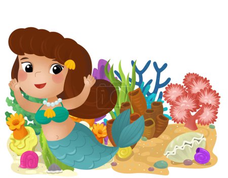 Foto de Escena de dibujos animados con arrecife de coral con natación sirena feliz chica elemento aislado ilustración para niños - Imagen libre de derechos