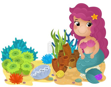 Cartoon-Szene mit Korallenriff mit Schwimmen glücklich Meerjungfrau Mädchen isoliert Element Illustration für Kinder