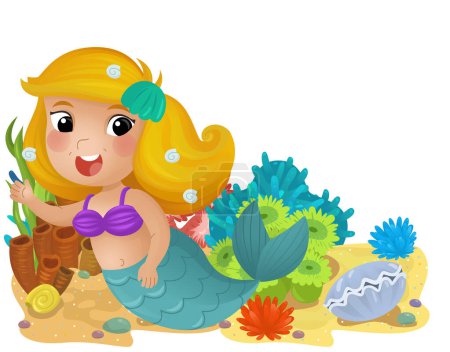 Téléchargez les photos : Scène de dessin animé avec récif de corail avec nage heureuse sirène fille élément isolé illustration pour les enfants - en image libre de droit