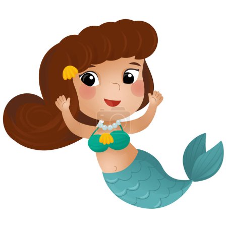 Téléchargez les photos : Scène de dessin animé avec jeune sirène heureuse nageant sur fond blanc illustration pour enfants - en image libre de droit