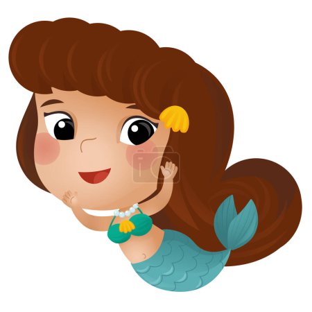 Téléchargez les photos : Scène de dessin animé avec jeune sirène heureuse nageant sur fond blanc illustration pour enfants - en image libre de droit