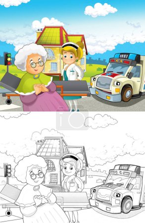 Photo for Cartoon scene in the city with doctor car happy ambulance - illustration for children - Royalty Free Image