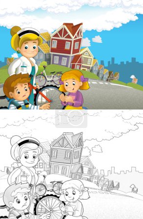 Foto de Escena de dibujos animados con un par de niños después de un accidente de bicicleta con el médico - ilustración para niños - Imagen libre de derechos