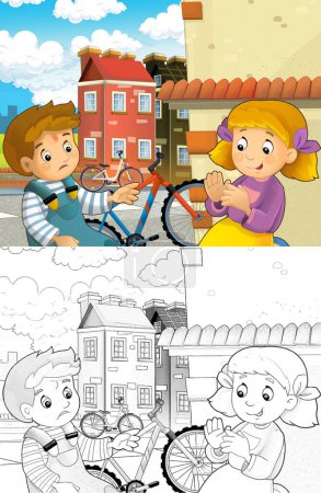 Téléchargez les photos : Scène de dessin animé avec garçon et fille sur la promenade à vélo ayant un accident - illustration pour les enfants - en image libre de droit