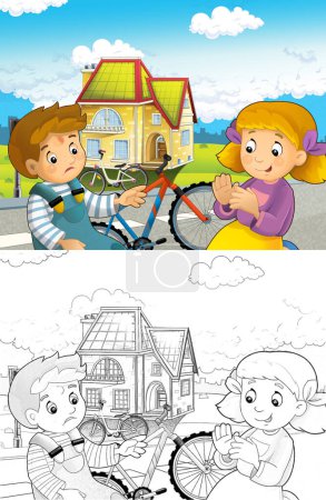 Photo for Cartoon scene with boy and girl on bicycle ride having accident - illustration for children - Royalty Free Image