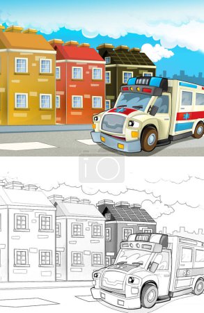Foto de Escena de dibujos animados en la ciudad con ambulancia feliz - ilustración para niños - Imagen libre de derechos