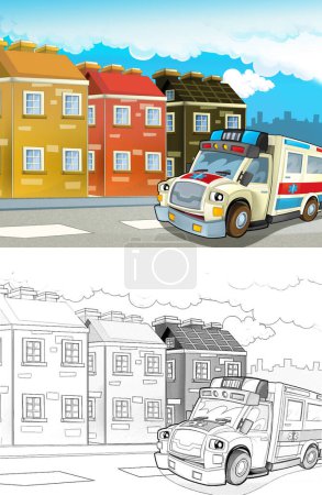 Téléchargez les photos : Scène de dessin animé dans la ville avec une ambulance heureuse illustration pour les enfants - en image libre de droit