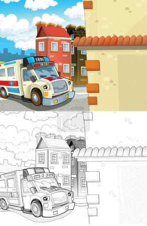 Téléchargez les photos : Scène de dessin animé dans la ville avec une ambulance heureuse illustration pour les enfants - en image libre de droit