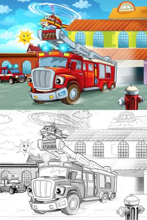 Foto de Camión de bomberos de dibujos animados saliendo de la estación de bomberos a la acción - diferentes vehículos de bomberos - ilustración para los niños - Imagen libre de derechos