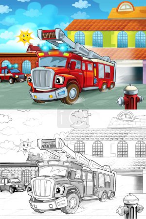 Foto de Camión de bomberos de dibujos animados saliendo de la estación de bomberos a la acción - diferentes vehículos de bomberos - ilustración para los niños - Imagen libre de derechos