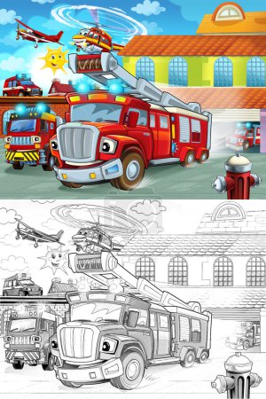 Photo for Cartoon firetruck driving out of fire station to action - different fireman vehicles - illustration for children - Royalty Free Image