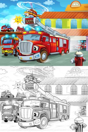 Téléchargez les photos : Camion de pompier de dessin animé conduisant de la caserne de pompiers à l'action - différents véhicules de pompier illustration pour les enfants - en image libre de droit