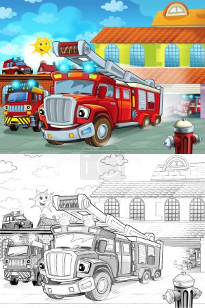 Téléchargez les photos : Camion de pompier de dessin animé conduisant de la caserne de pompiers à l'action - différents véhicules de pompier illustration pour les enfants - en image libre de droit