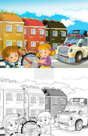 Foto de Escena de dibujos animados con los niños después de accidente de bicicleta y ambulancia viene a ayudar - ilustración para los niños - Imagen libre de derechos