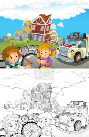 Téléchargez les photos : Scène de dessin animé avec des enfants après un accident de vélo et ambulance venir pour aider illustration pour les enfants - en image libre de droit