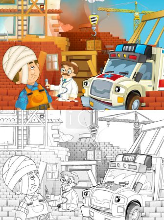 Téléchargez les photos : Illustration de bande dessinée avec camion ambulancier au travail aidant sur l'accident avec le médecin sur le chantier de construction illustration pour les enfants - en image libre de droit
