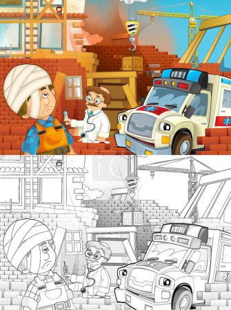 Foto de Ilustración de dibujos animados con camión ambulancia en el trabajo ayudando en accidentes con el médico en el sitio de construcción - ilustración para los niños - Imagen libre de derechos