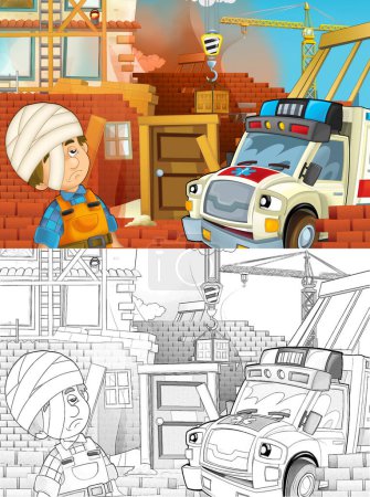 Foto de Ilustración de dibujos animados con camión ambulancia en el trabajo ayudando en accidentes en el sitio de construcción - ilustración para los niños - Imagen libre de derechos