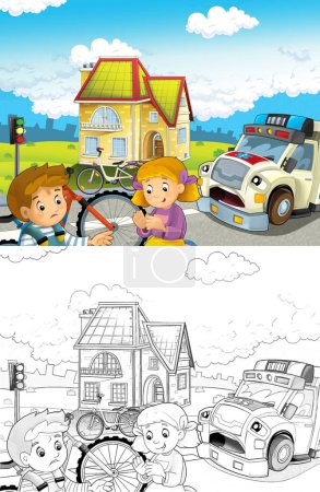 Téléchargez les photos : Scène de dessin animé avec des enfants après un accident de vélo et ambulance venir pour aider illustration pour les enfants - en image libre de droit