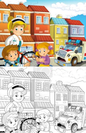 Foto de Escena de dibujos animados con los niños después de un accidente de bicicleta y ambulancia y el médico viene a ayudar - ilustración para los niños - Imagen libre de derechos
