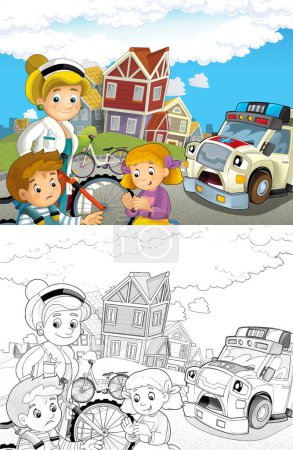 Photo for Cartoon scene with kids after bicycle accident and ambulance and doctor coming to help - illustration for children - Royalty Free Image
