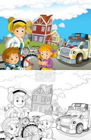 Téléchargez les photos : Scène de dessin animé avec des enfants après un accident de vélo et ambulance et médecin viennent aider illustration pour les enfants - en image libre de droit