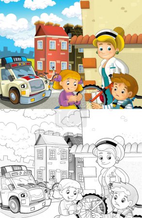 Téléchargez les photos : Scène de dessin animé avec des enfants après un accident de vélo et ambulance et médecin viennent aider illustration pour les enfants - en image libre de droit