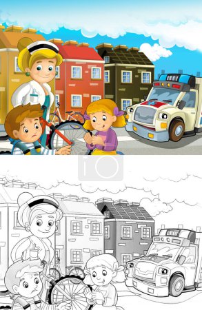 Foto de Escena de dibujos animados con los niños después de un accidente de bicicleta y ambulancia y el médico viene a ayudar - ilustración para los niños - Imagen libre de derechos