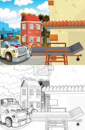 Foto de Escena de dibujos animados en la ciudad con coche médico ambulancia feliz - ilustración para los niños - Imagen libre de derechos