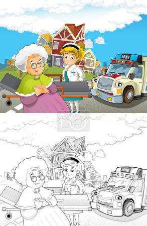 Foto de Escena de dibujos animados en la ciudad con coche médico ambulancia feliz - ilustración para los niños - Imagen libre de derechos
