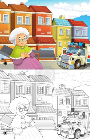 Téléchargez les photos : Scène de dessin animé dans la ville avec médecin voiture ambulance heureuse illustration pour les enfants - en image libre de droit