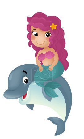 Téléchargez les photos : Scène de dessin animé avec sirène princesse et dauphin nager ensemble avoir plaisir illustration isolée pour les enfants - en image libre de droit