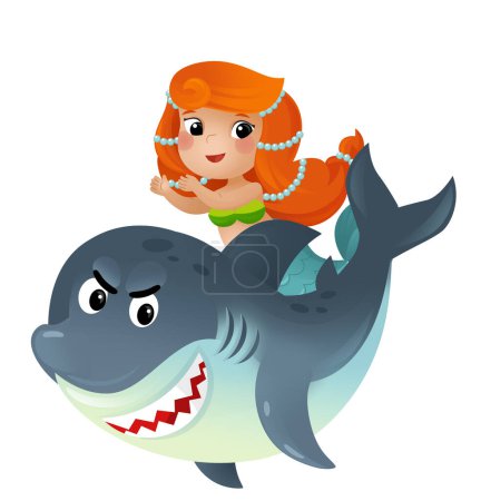 Foto de Escena de dibujos animados con princesa sirena y delfines nadando juntos divertidos ilustración aislada para niños - Imagen libre de derechos