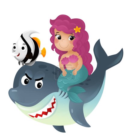 Téléchargez les photos : Scène de dessin animé avec princesse sirène et dauphin nageant ensemble avoir plaisir illustration isolée pour les enfants - en image libre de droit
