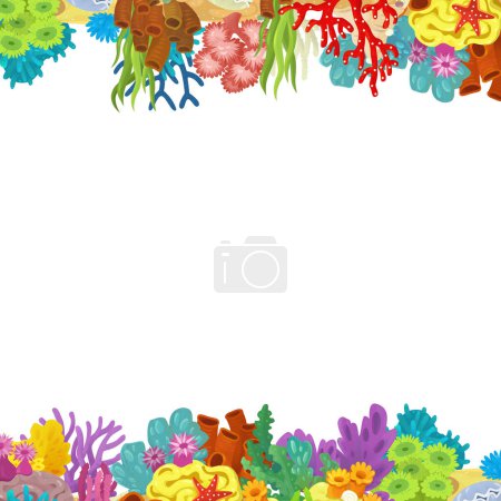 Téléchargez les photos : Scène de dessin animé avec corail récif jardin élément isolé cadre bordure pour l'illustration de texte pour les enfants - en image libre de droit