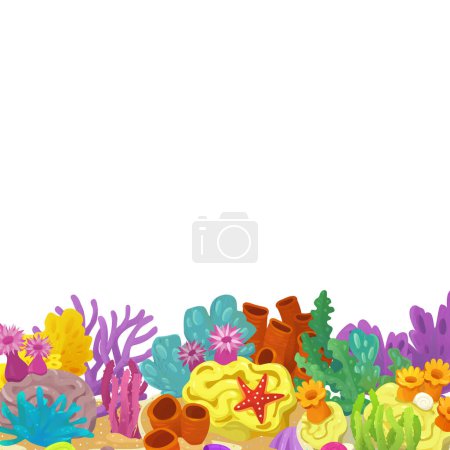 Téléchargez les photos : Scène de dessin animé avec corail récif jardin élément isolé cadre bordure pour l'illustration de texte pour les enfants - en image libre de droit