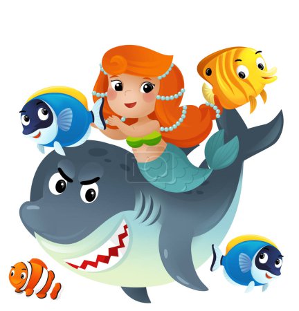 Téléchargez les photos : Scène de dessin animé avec princesse sirène et requin nageant ensemble en s'amusant avec des poissons de récif coralliens illustration isolée pour enfants - en image libre de droit