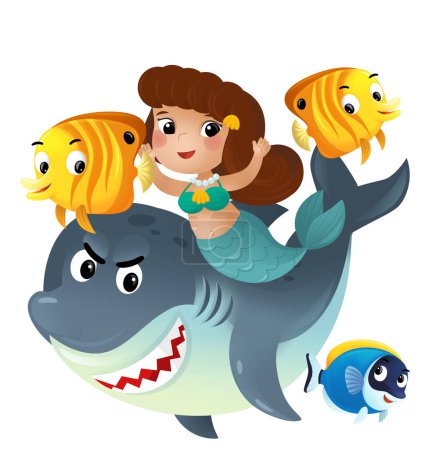 Téléchargez les photos : Scène de dessin animé avec princesse sirène et requin nageant ensemble en s'amusant avec des poissons de récif coralliens illustration isolée pour enfants - en image libre de droit